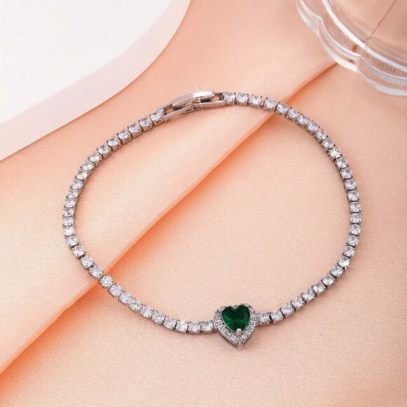 Sterling Silver Womens 2ct Green Emerald Gemstone 1ct Diamond Tennis Bracelet - Picture 5 of 7